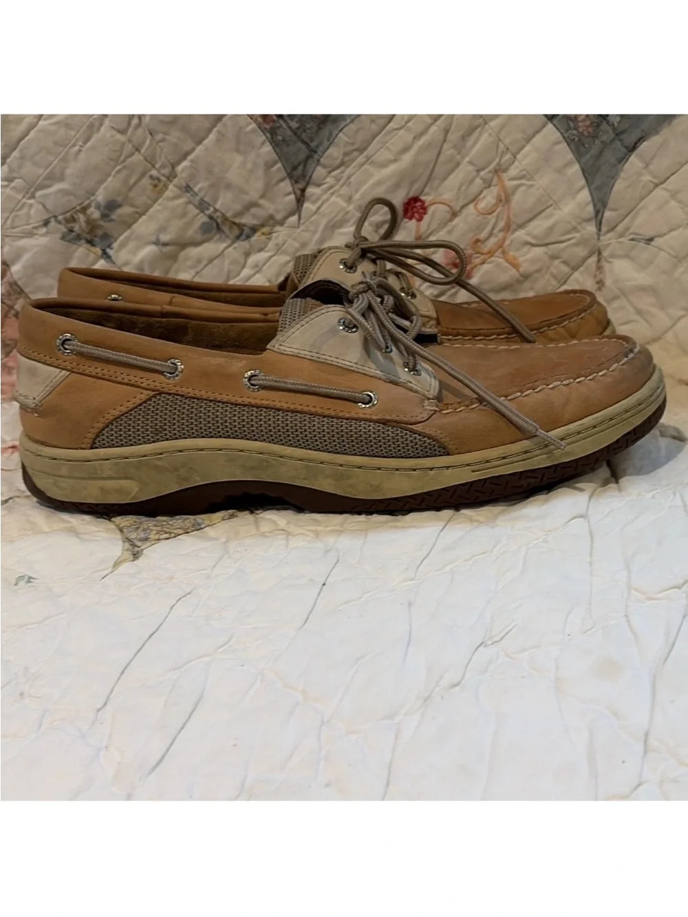 Sperry Top-Sider Men's Leather Mesh Boat Shoes Lace-Up Brown Beige 12 M